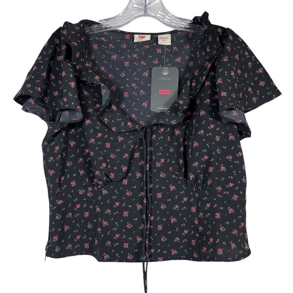 New LEVI'S Sz M Mylene Blouse Black Pink Floral Ruffle Coquette Y2K Vibes NWT